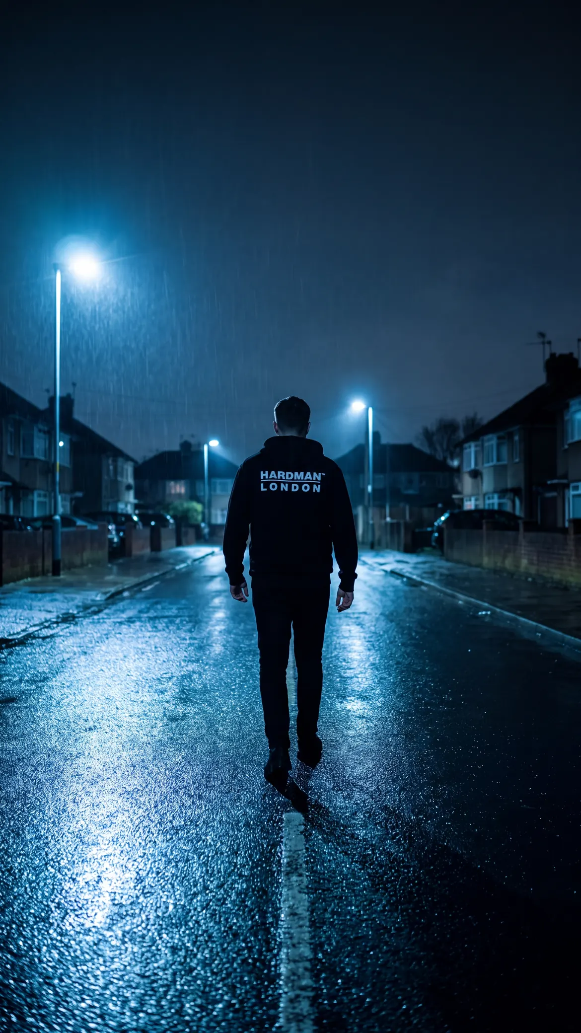 A man in the black HARDMAN LONDON hoodie walks away down a wet street at night, the back print lit by a streetlamp.