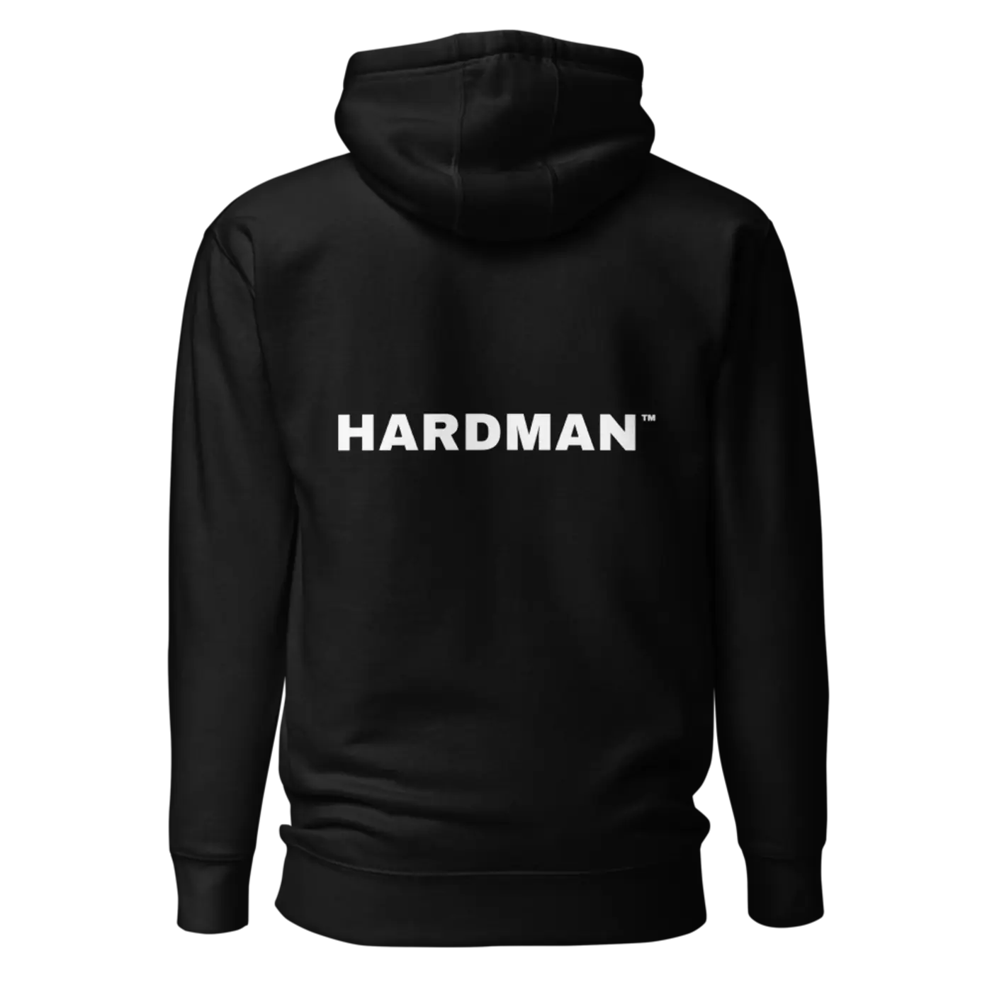 The back of a black pullover hoodie with HARDMAN printed large across the shoulders in white.