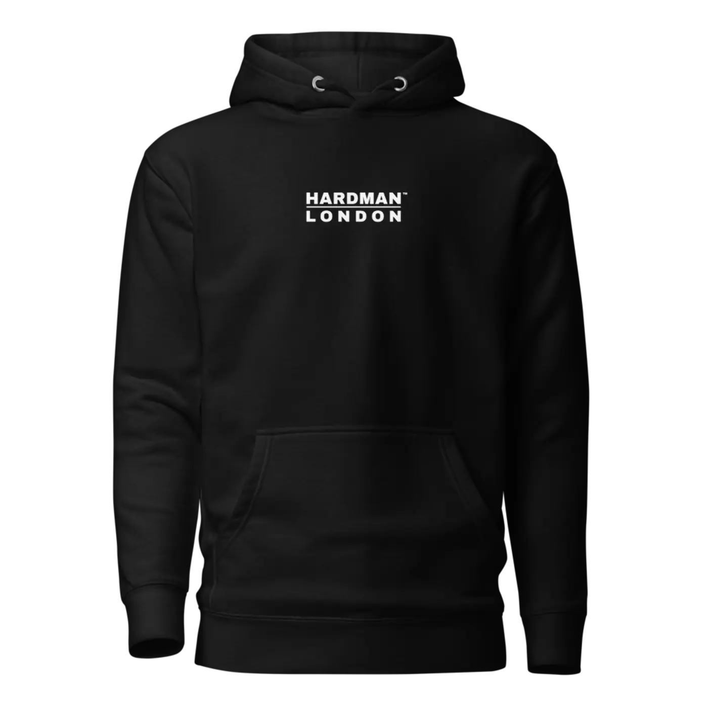 A black pullover hoodie shown front on, with a small HARDMAN LONDON lockup on the left chest.
