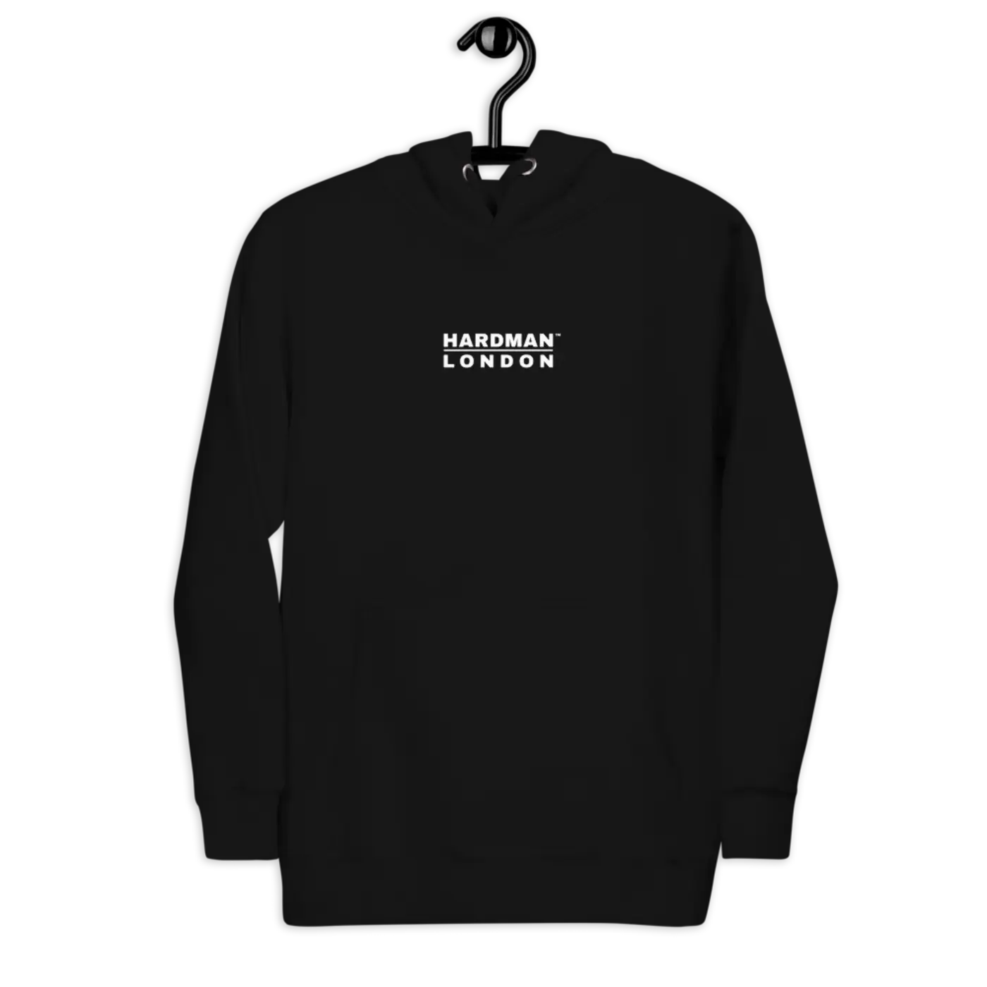 The black hoodie on a hanger, showing the three-panel hood and the pouch pocket.