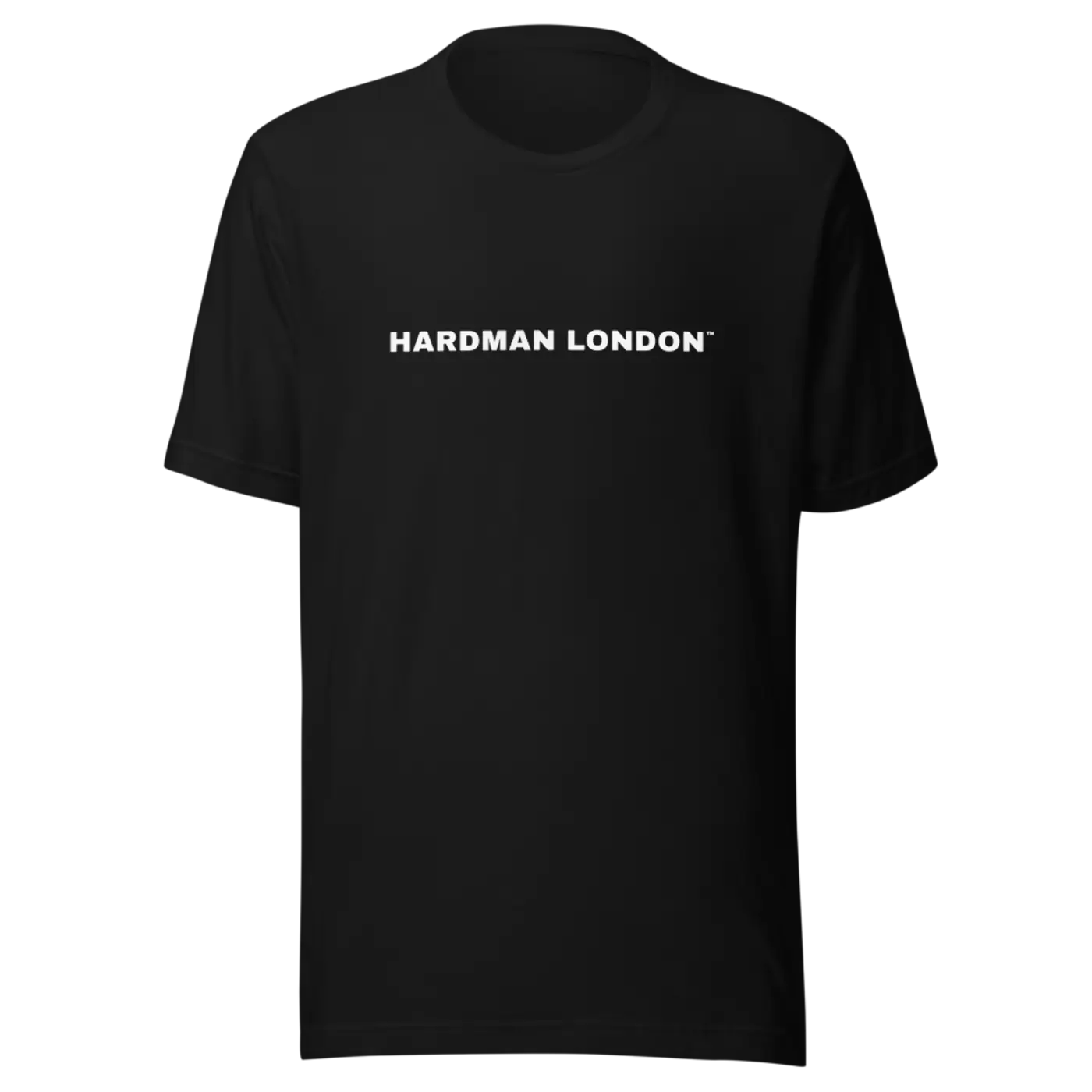 A black t-shirt shown front on, HARDMAN LONDON printed across the chest in white.