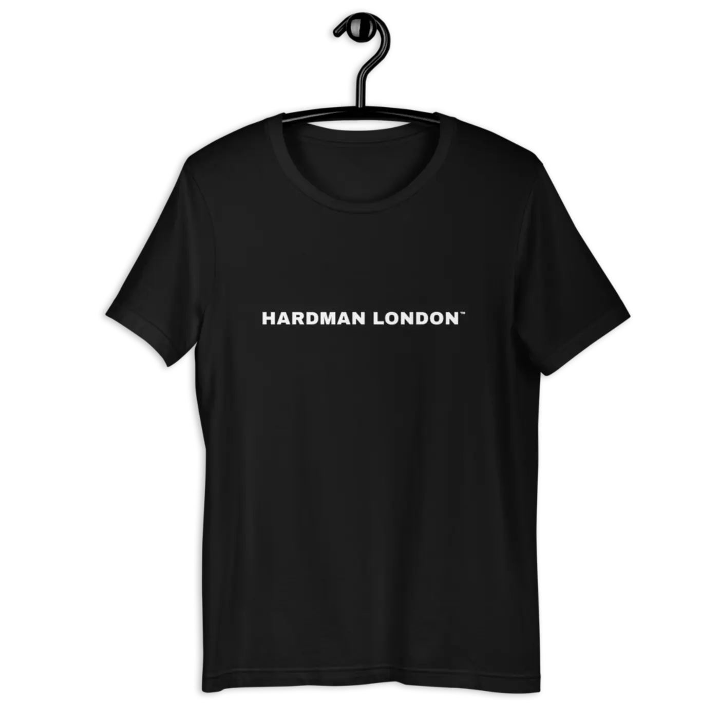 The black HARDMAN LONDON t-shirt on a hanger, showing the shoulder line and the closer cut.